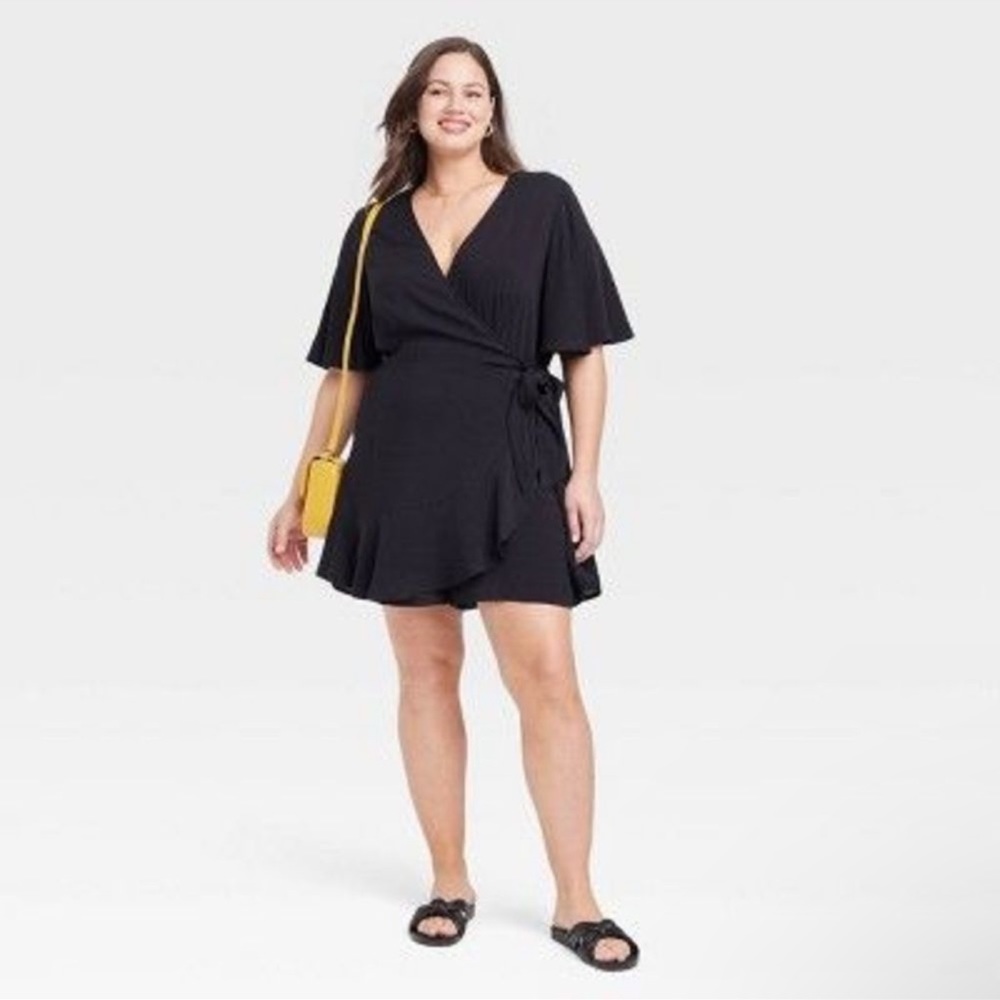 Women's Tie Waist Romper - Ava & Viv Black 2X